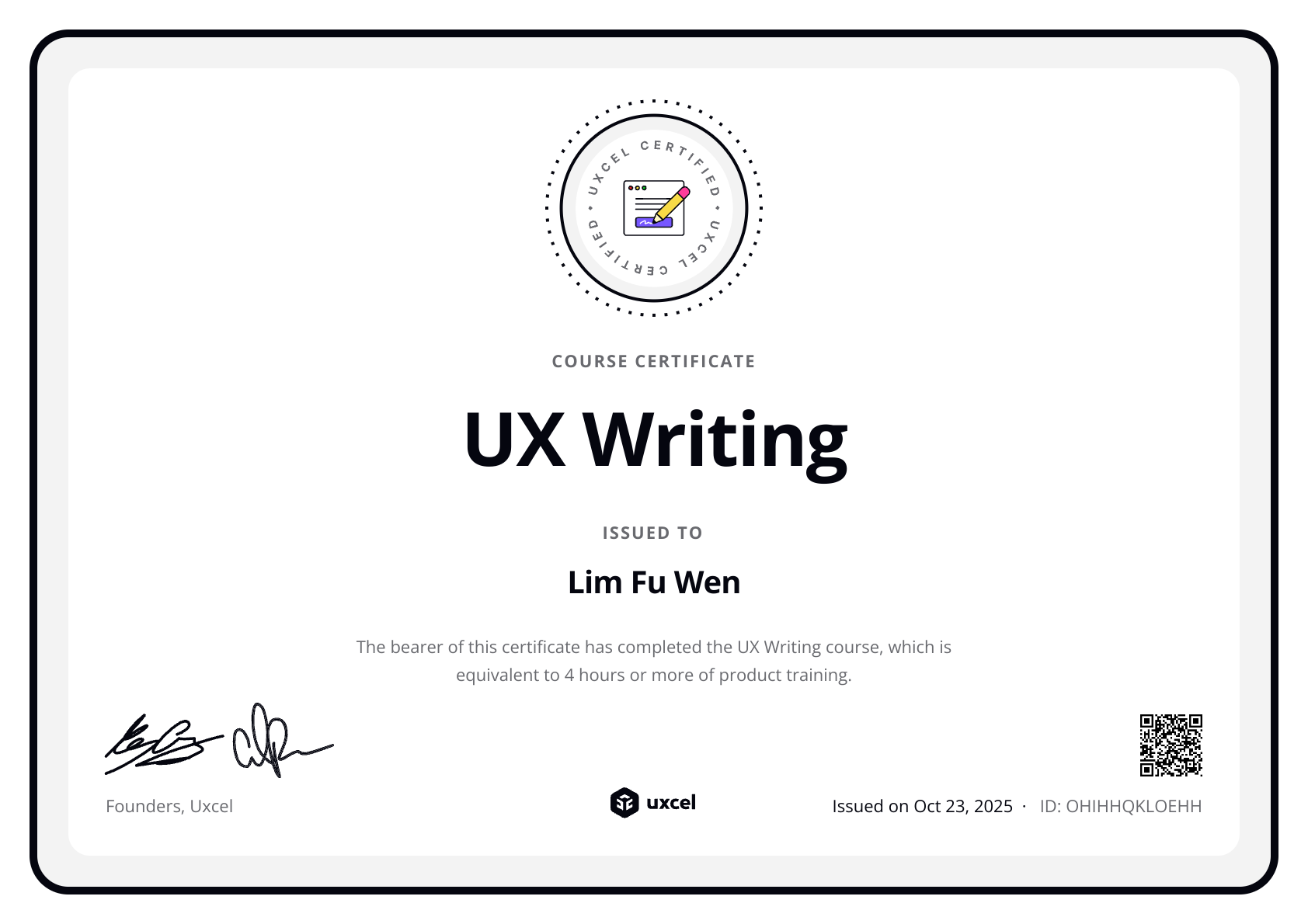 Lim Fu Wen's certificate